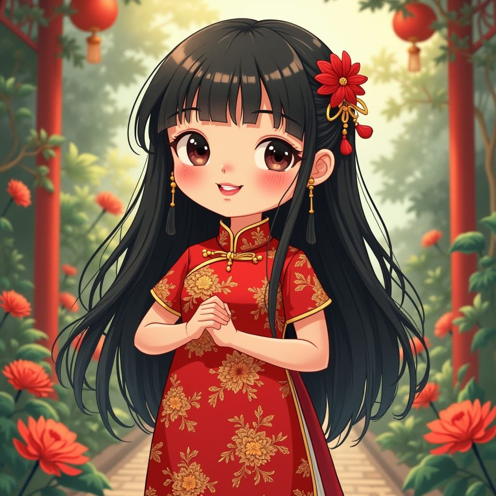 Asian Girl in Cheongsam Dress in Chinese Garden