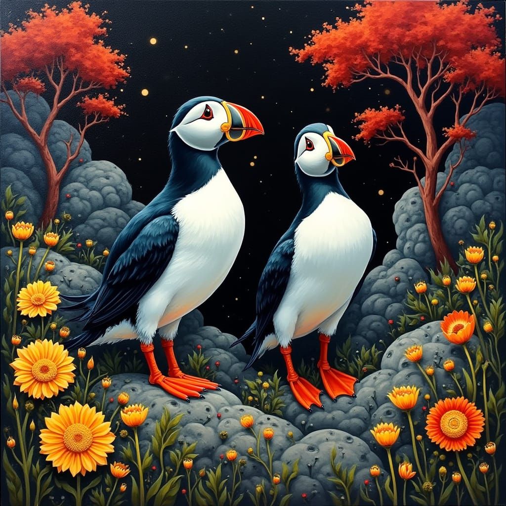 Puffins in Abstract Molecular Structures, Impasto Oil Painti...