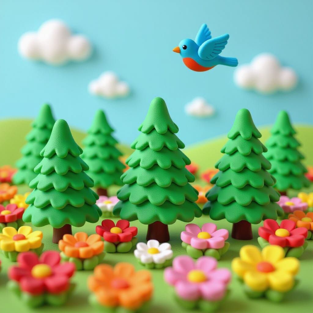 Play-Doh Field with Pine Trees and Flowers