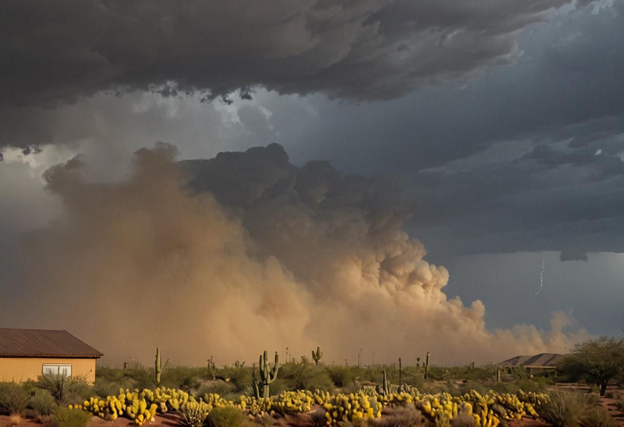Big clouds of yellow dust and sand billow up against a dark ...