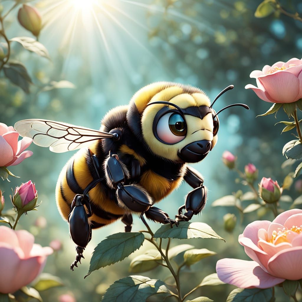 Bumblebee Resting on Rosebud in Whimsical Watercolor Style