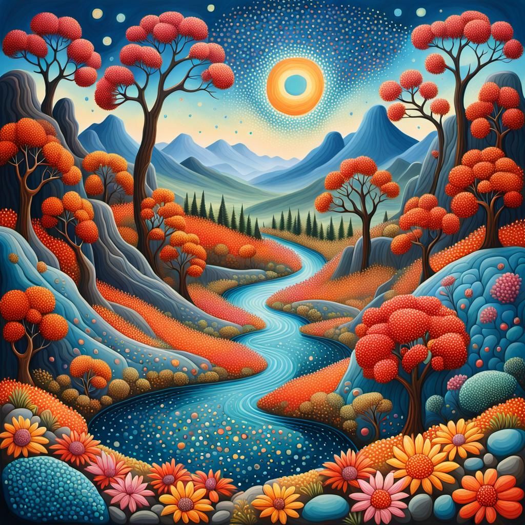 Surreal Landscape Painting in Aboriginal Dot Art Style
