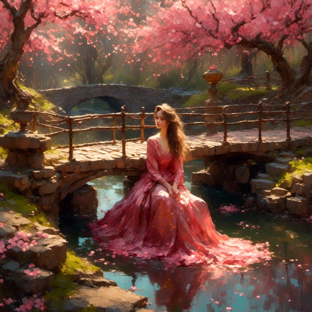 Woman on Ancient Bridge with Cherry Blossoms as Oil Painting