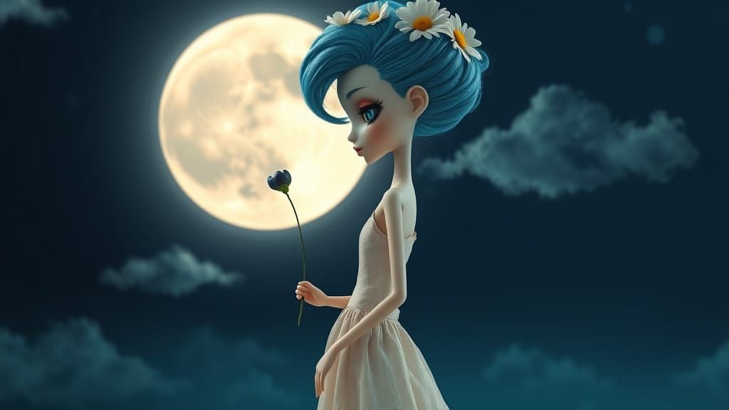 Ethereal Doll-Like Figure in Whimsical Nighttime Scene
