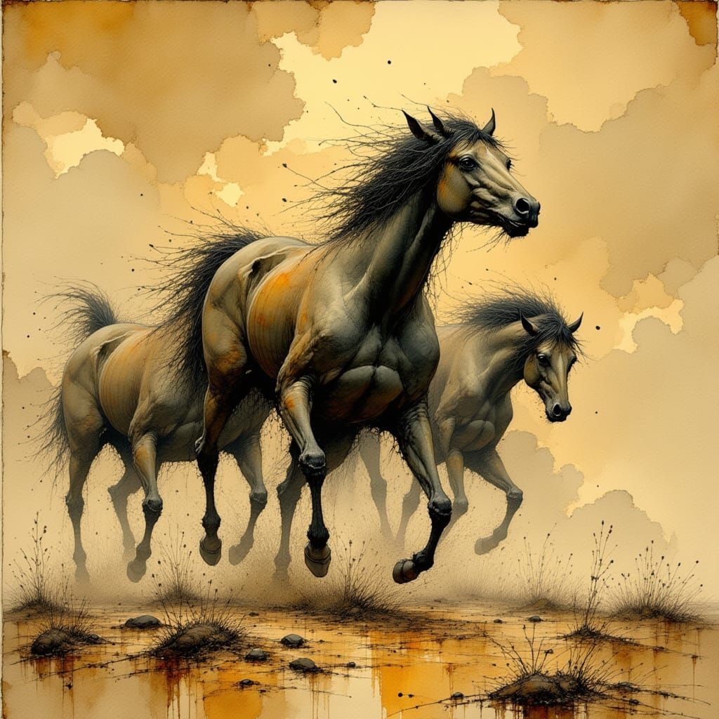 Wild Horses Gallop Across Barren Steppe