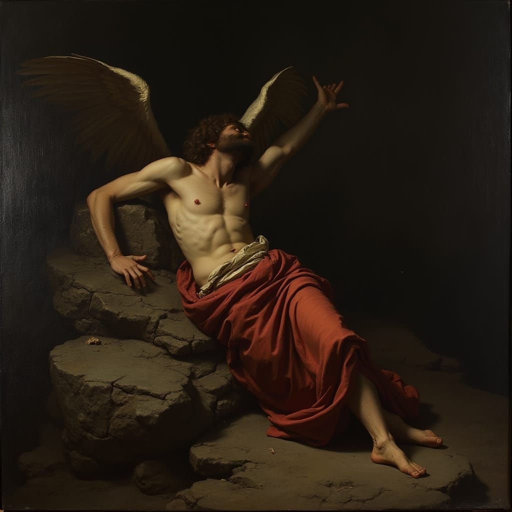 Fallen Angel on Rocky Slope in Baroque Style