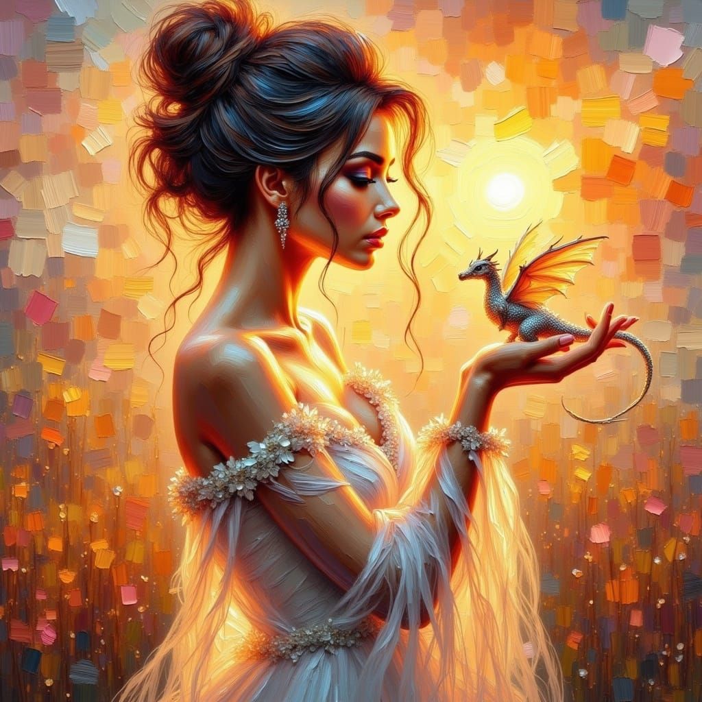 Impasto Fantasy Woman with Tiny Dragon at Sunset