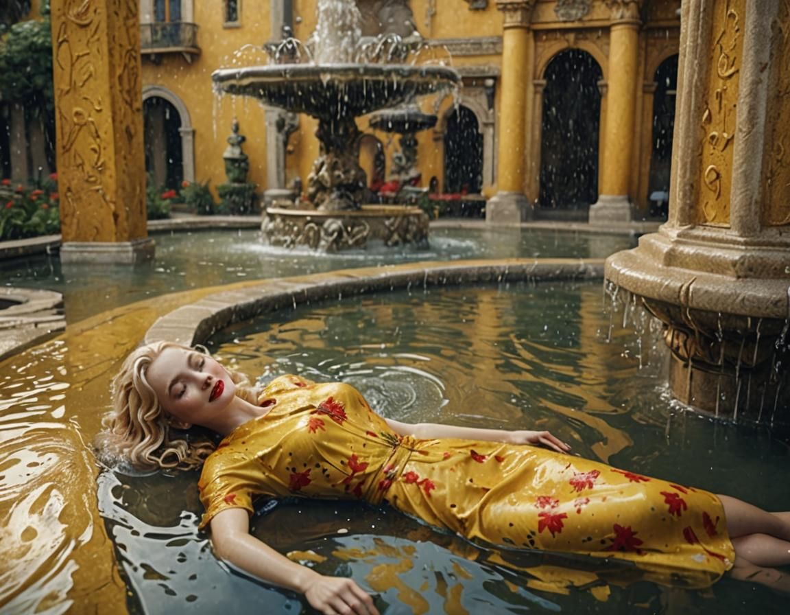 Glamorous Woman in Fountain: Photorealistic Art