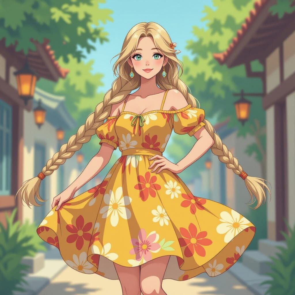 Whimsical Blonde Woman in Miyazaki-Inspired Style