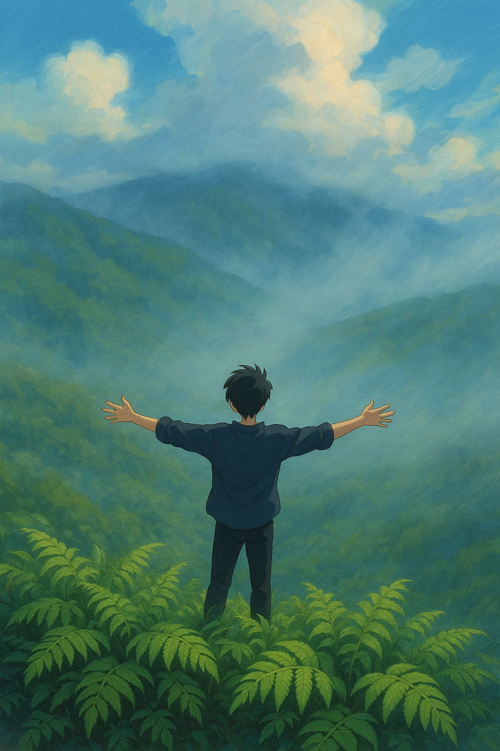 Misty Mountain Anime Landscape with Open Arms