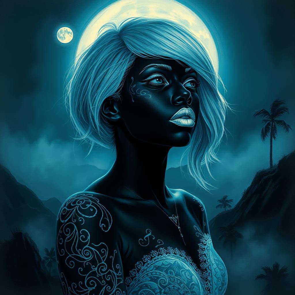 Mysterious Woman in Moonlit Landscape, Romantic Art