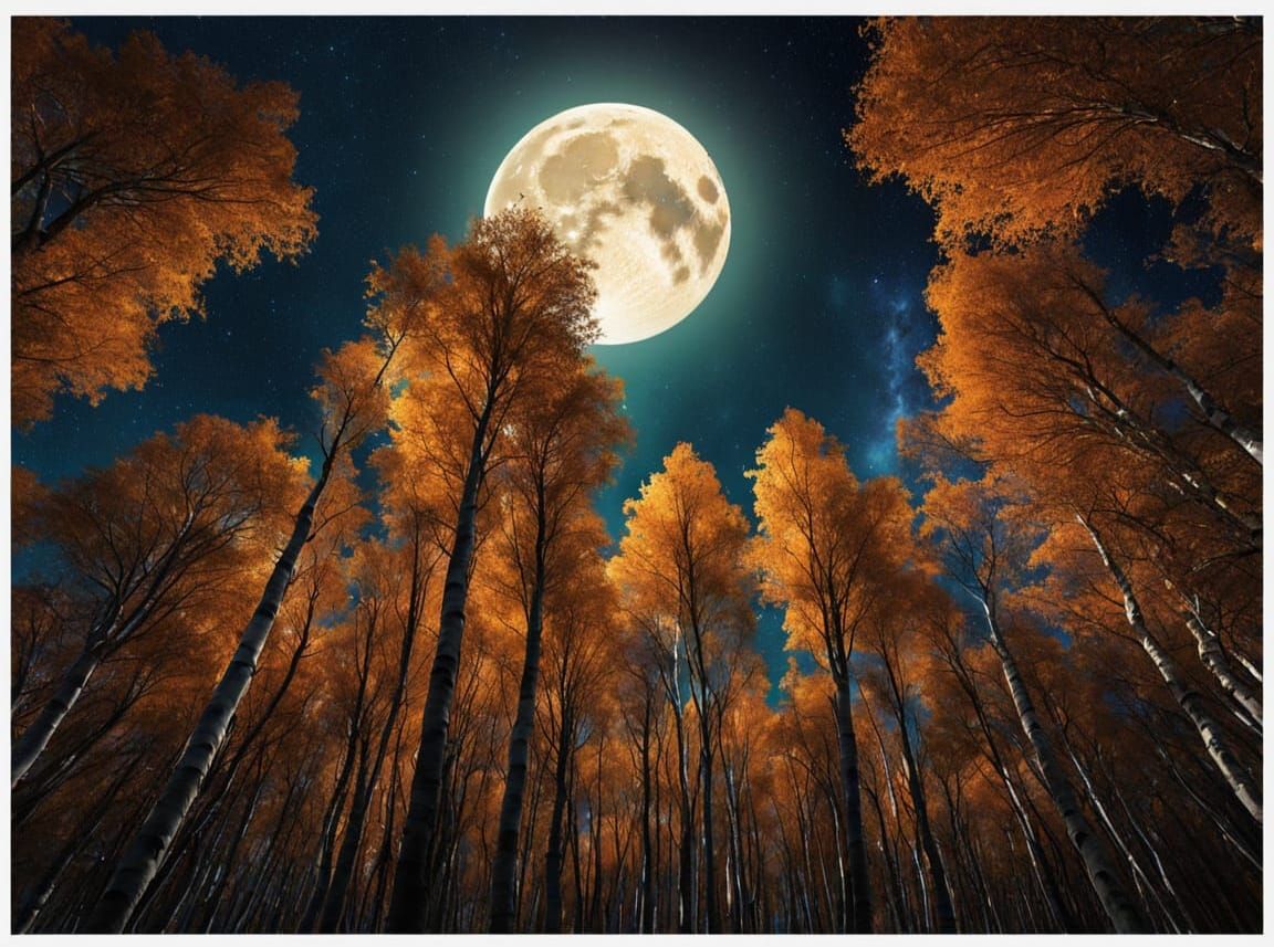 Birch Trees Silhouetted Under a Colorful Moon