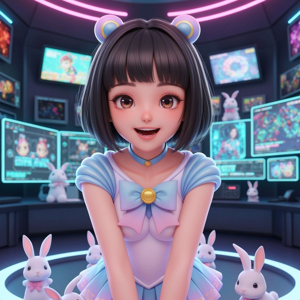 Anime Thai Girl Surrounded by Rabbits and Tech