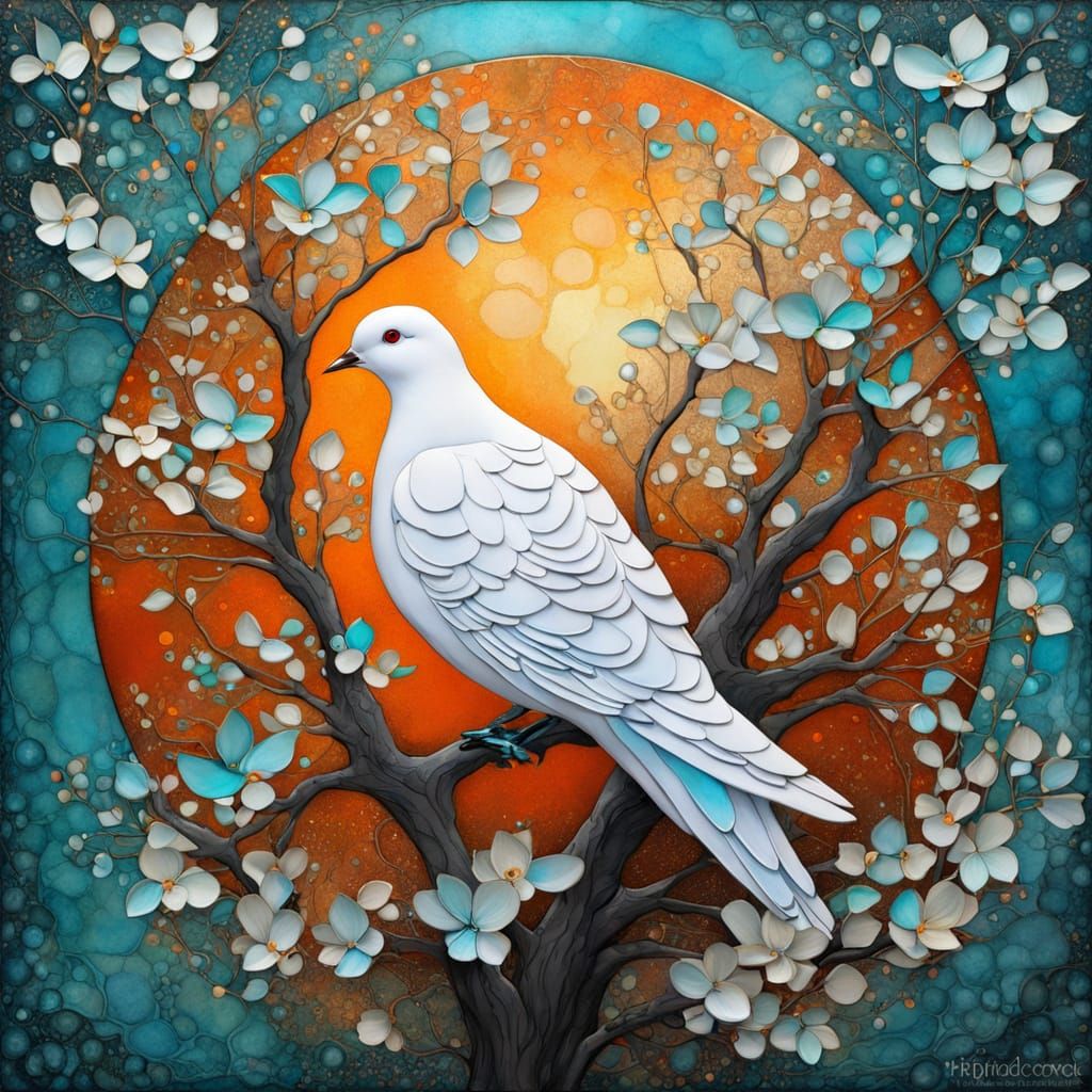 Surreal Dove Amidst Vibrant Blooms in Moonlit Abundance