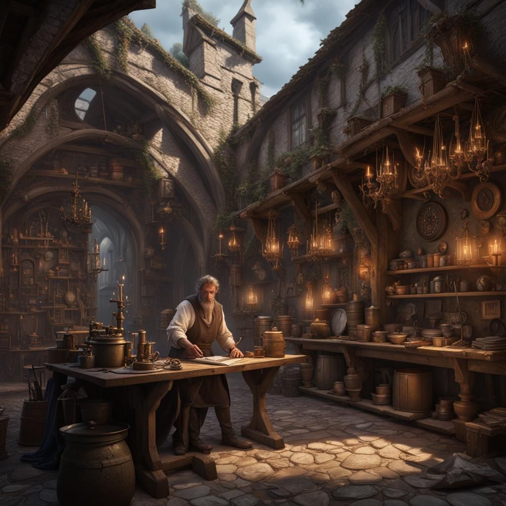 Medieval Man Working in Fantasy Workshop