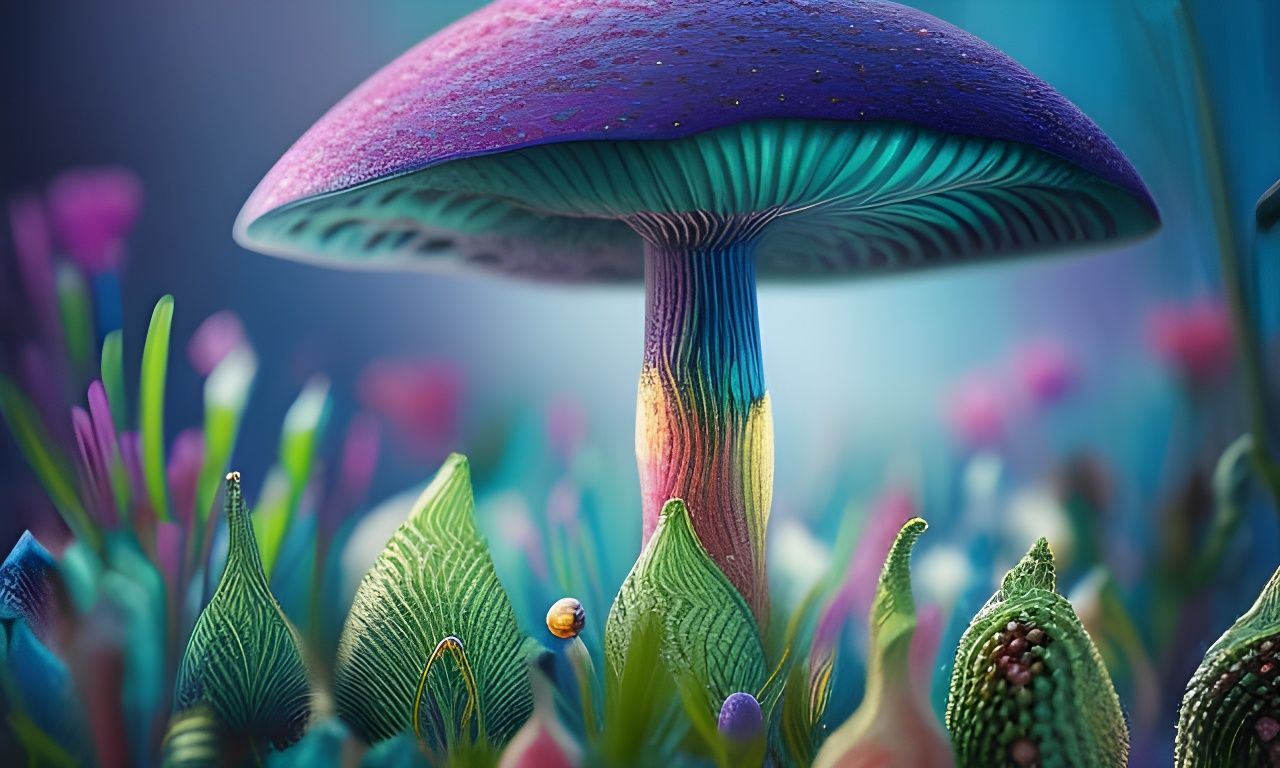 Detailed 3D Illustration of a Blue Mushroom