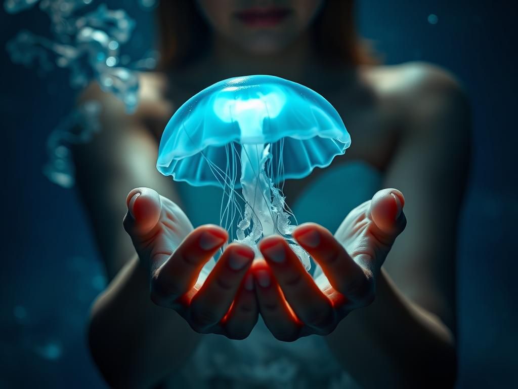 Glowing Jellyfish Held in Delicate Hands
