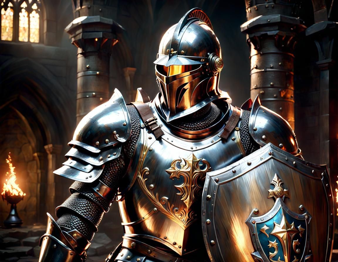 Medieval Knight with Fantasy Shield Oil Painting