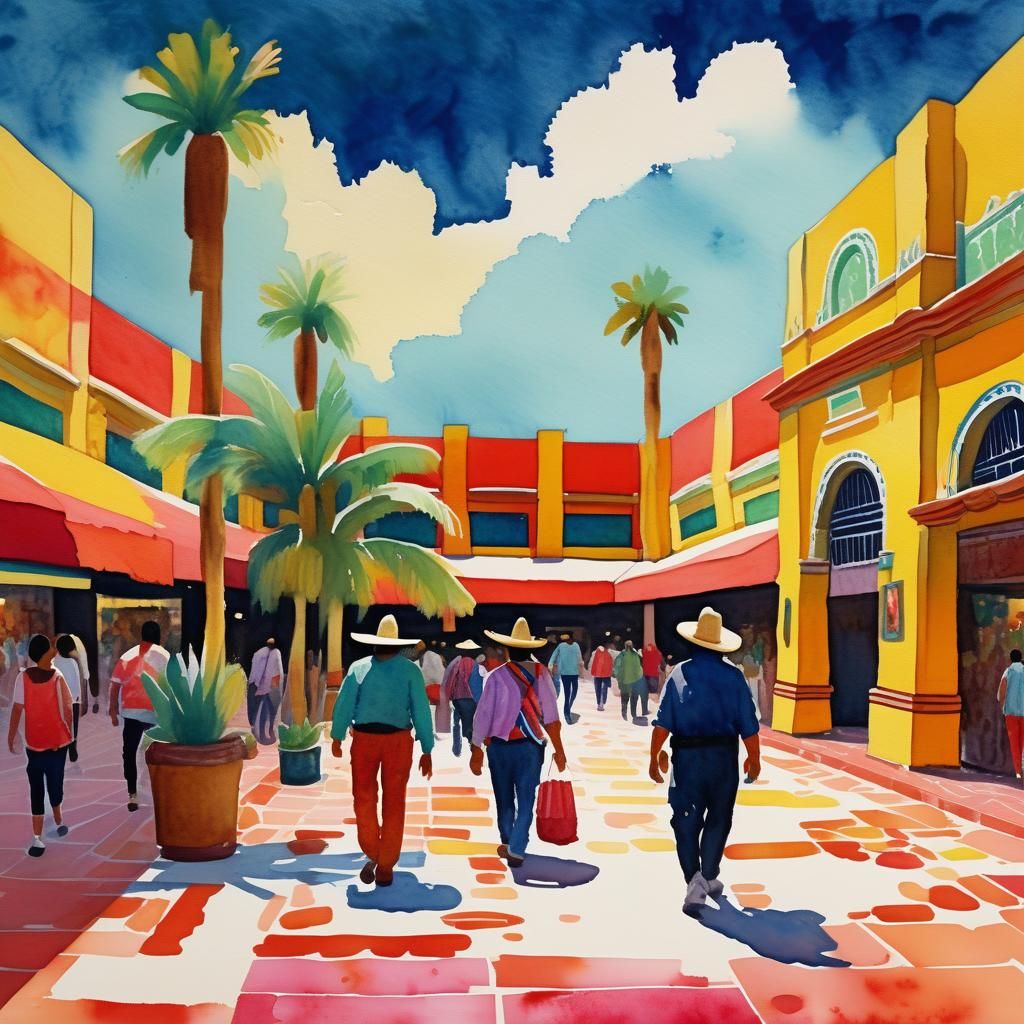 Vibrant Mexican Mall in Gouache Watercolor Style