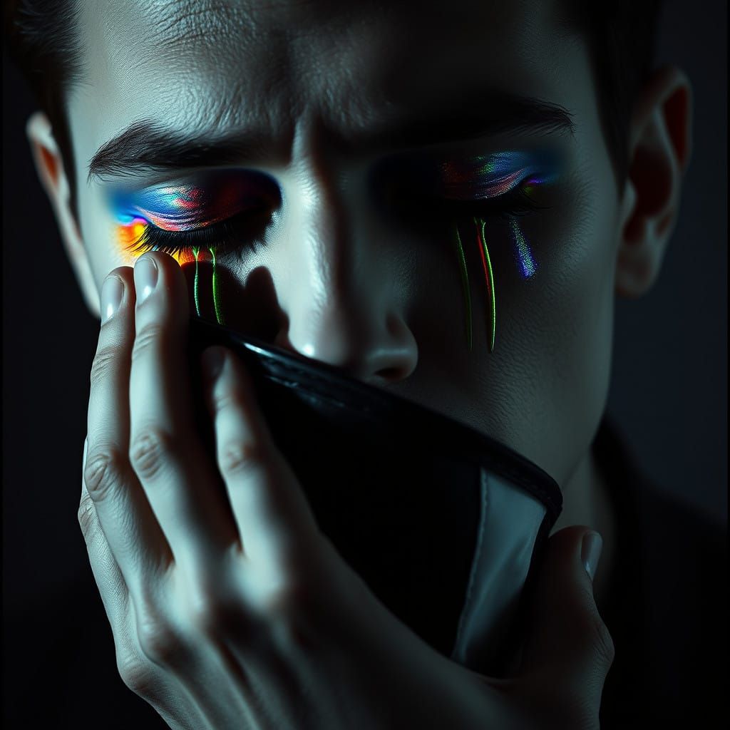 A Man's Enigmatic Smile with Rainbow Tears