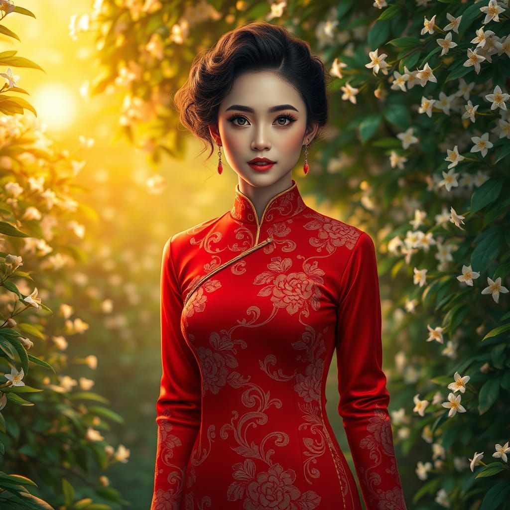 Woman in Red Cheongsam in Jasmine Garden