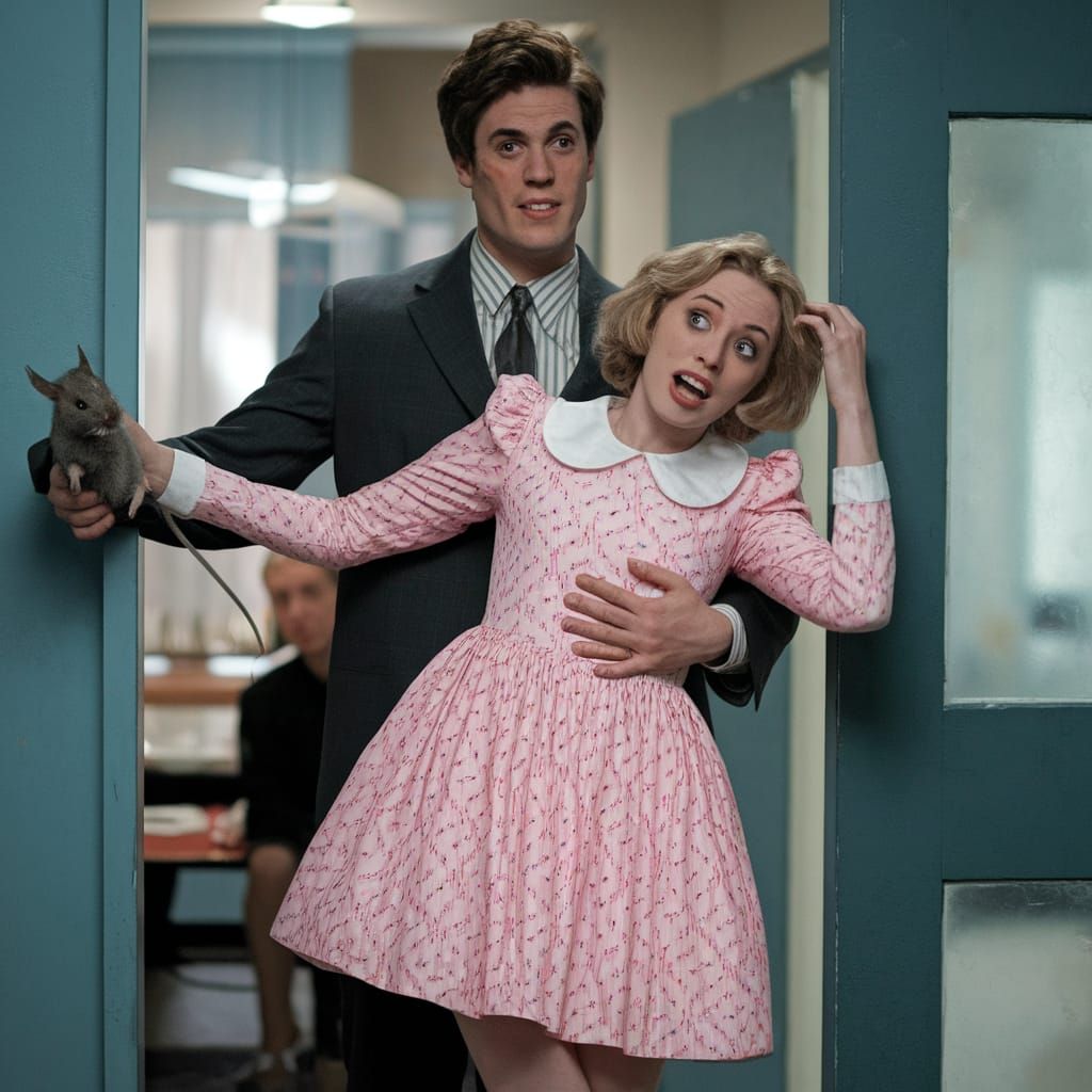 Confident Man in Dress Holds Scared Woman