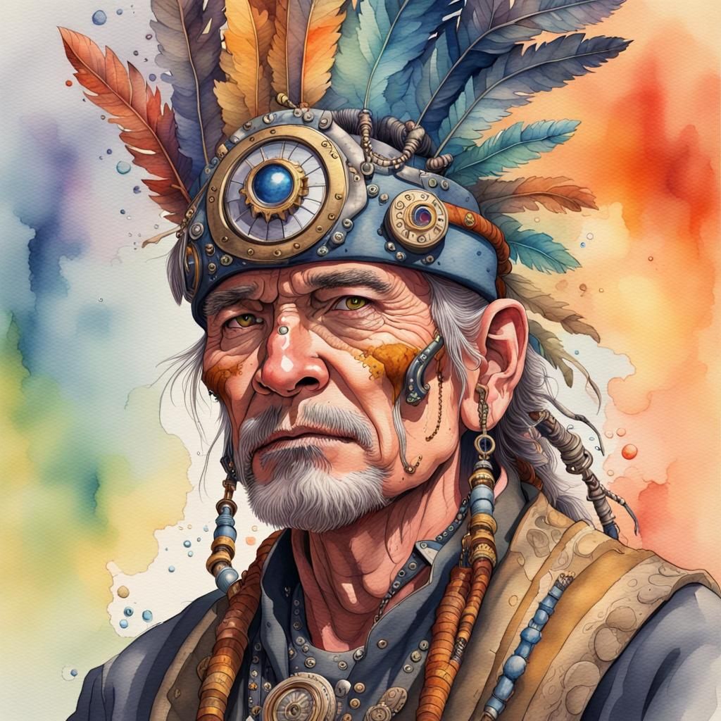 Steampunk Shaman Gentleman in Watercolor Style
