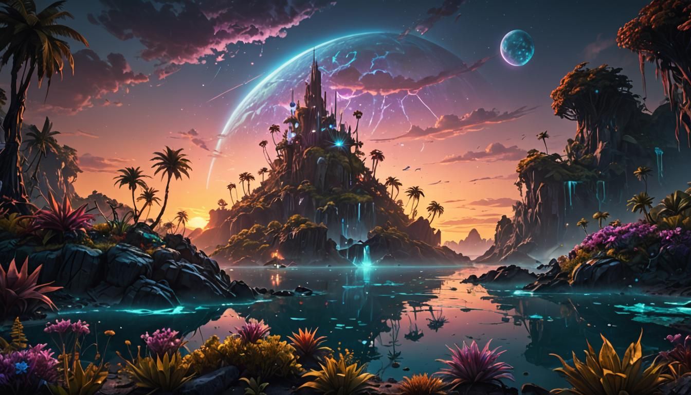 Bioluminescent Fantasy Island Sunset: Digital Matte Painting