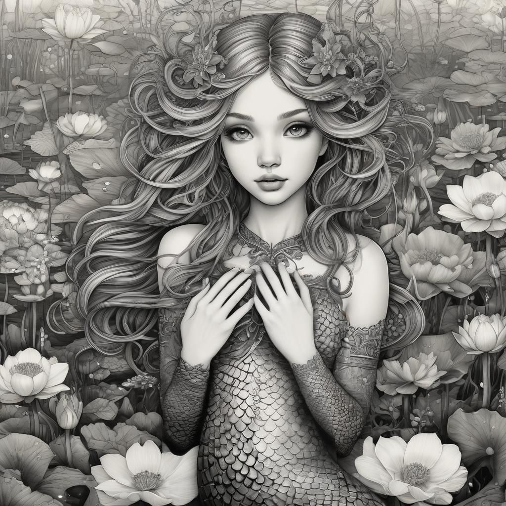 Beautiful Mermaid in the Lotus Pond, Pen Drawing
