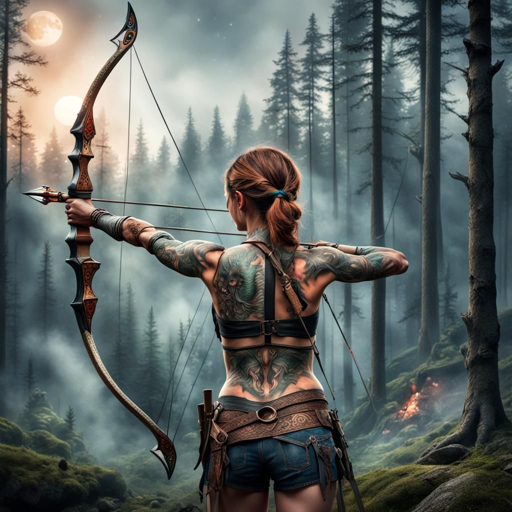 Tattooed Archer Ready to Fire Burning Arrow