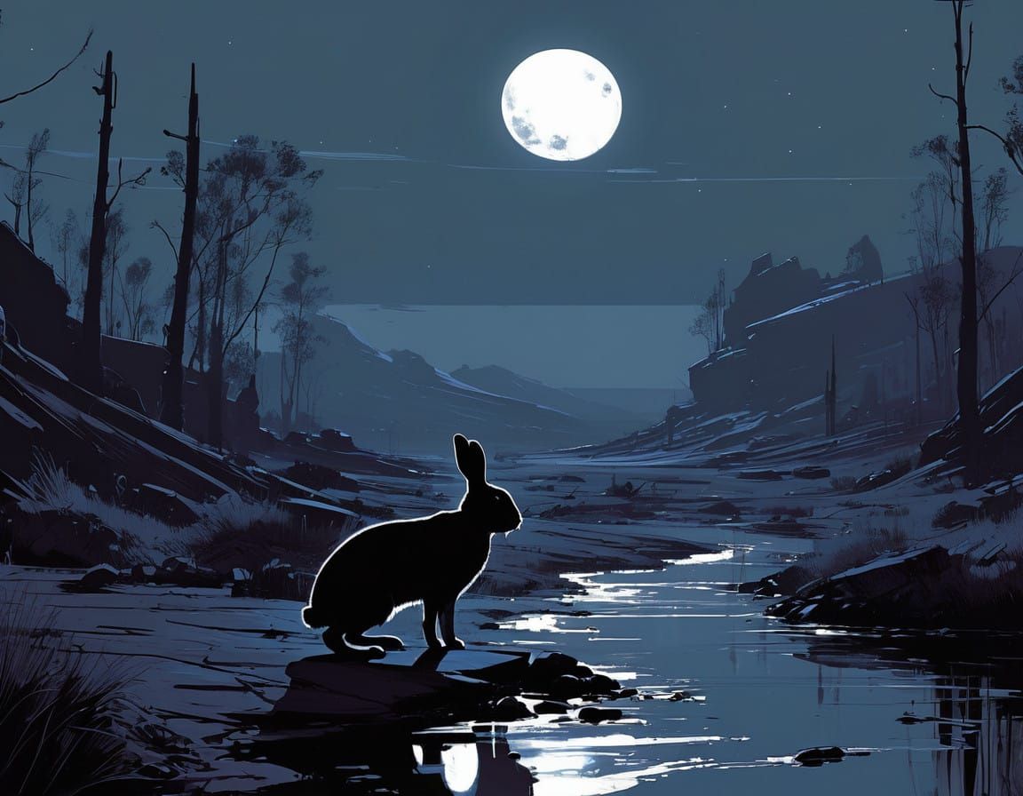 Grey Rabbit Silhouette Under Full Moon