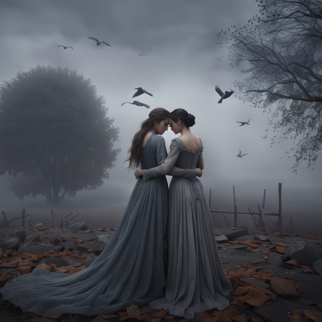 Friends Hugging in Grey November Landscape