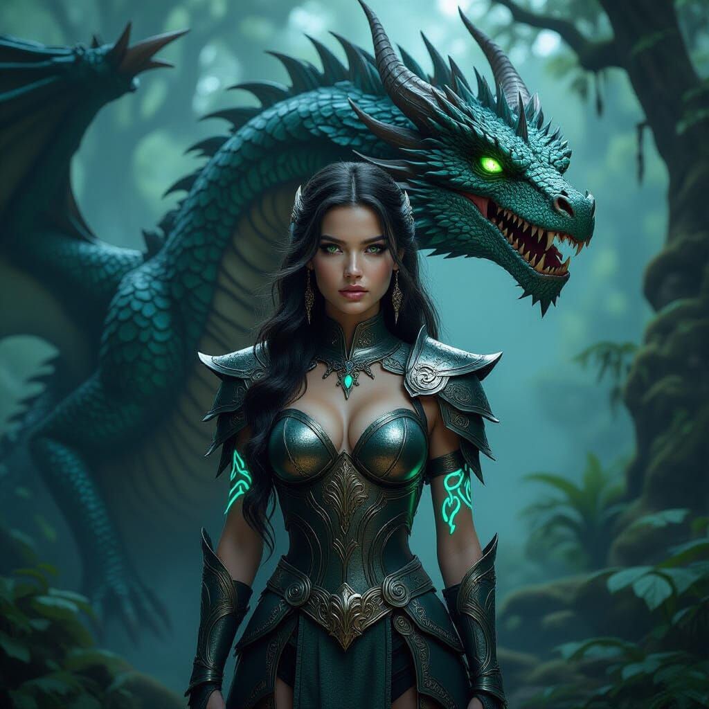 Fantasy Woman Commands Dragon in Misty Forest