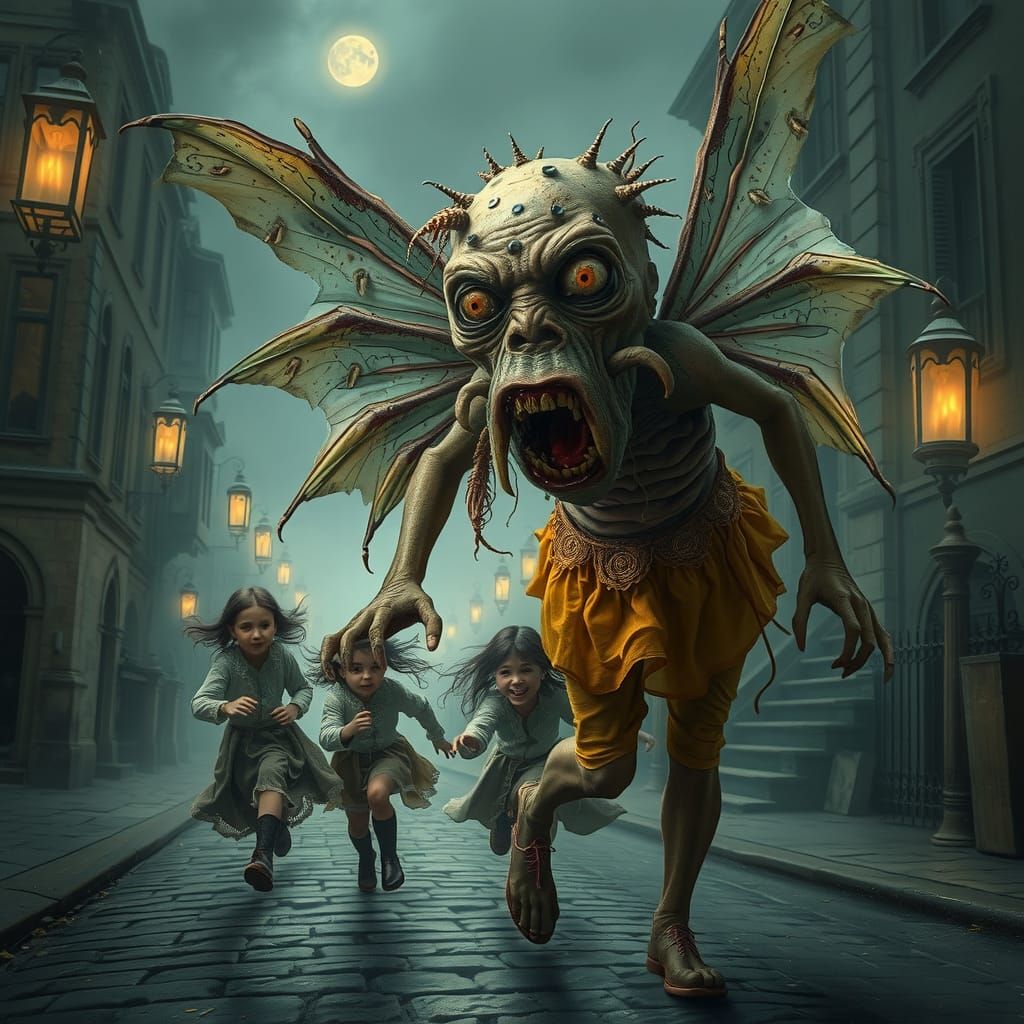 Grotesque Fairy Pursues Children in Gothic Horror Style
