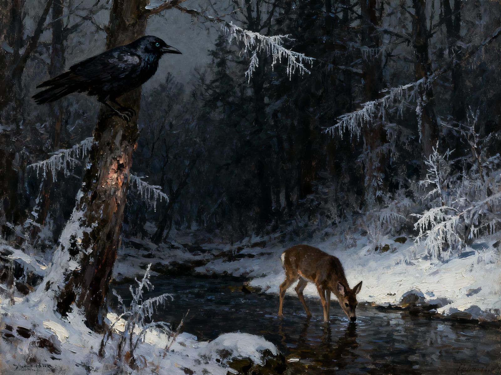 Crow's Eye Views Doe Drinking in Snow-Covered Forest