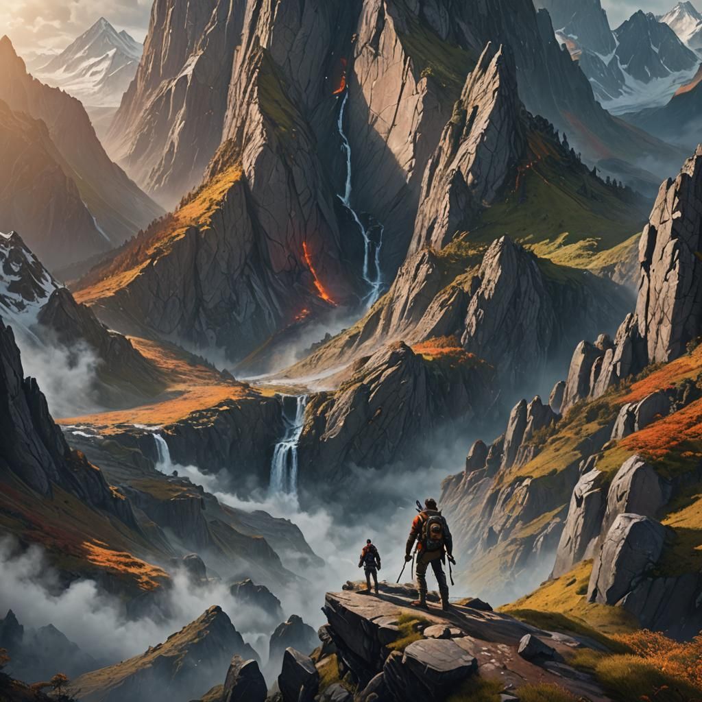 Realistic Man Versus Wild Mountain Scene