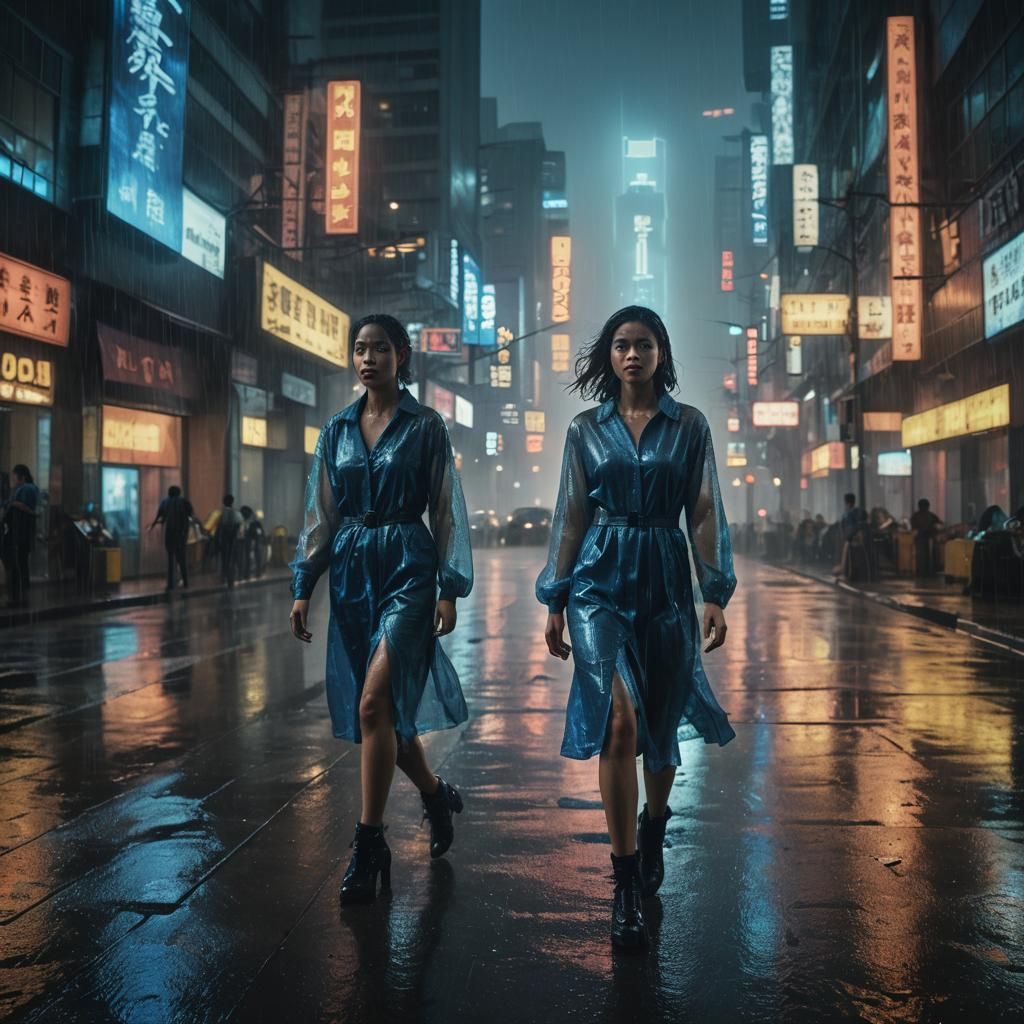 Woman in Neon Dress in Cyberpunk Cityscape