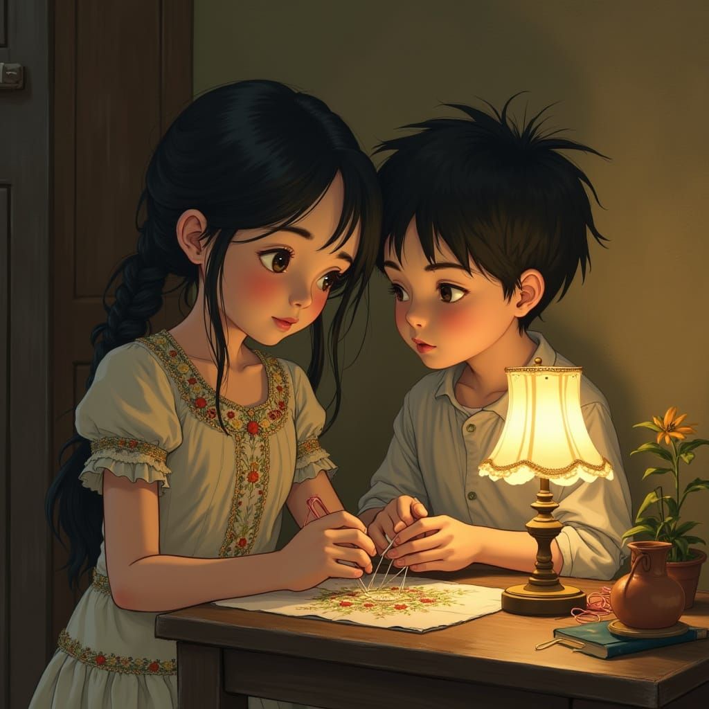 Young Girl in Embroidered Clothing, Boy Gazing into Her Eyes