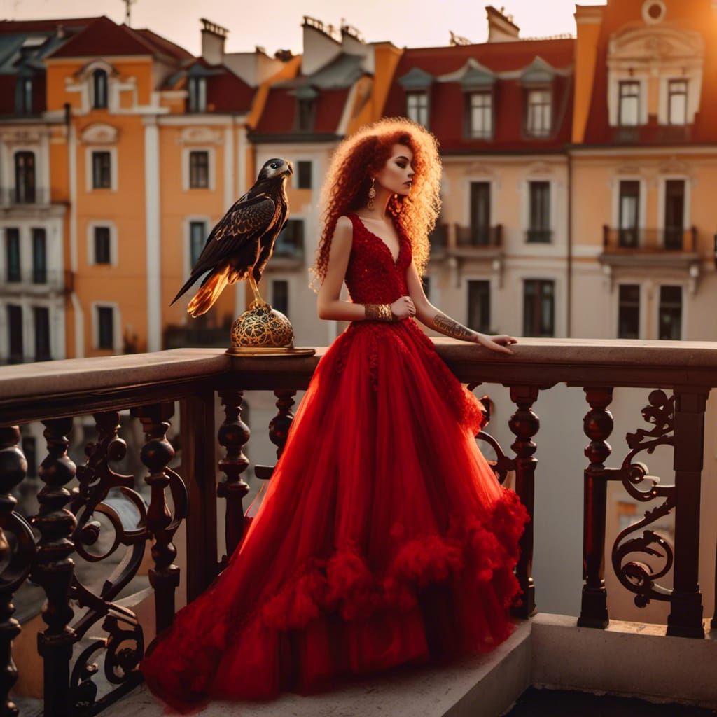 Girl with Falcon on Balcony at Golden Hour