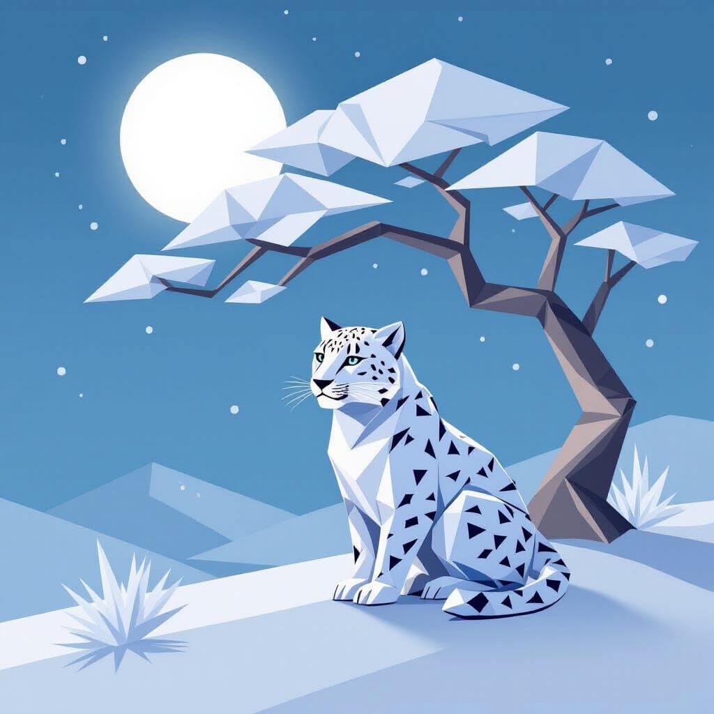 Elegant Origami Snow Leopard Under Moonlight Tree