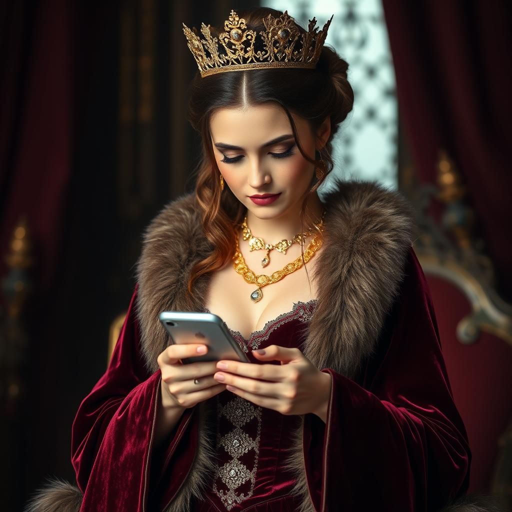 Victorian Queen Distracted by Cell Phone Glitch