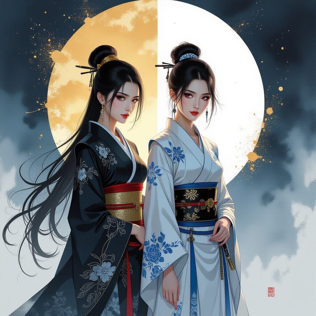 Yin and Yang Women in Anime-Inspired Aquarell Art