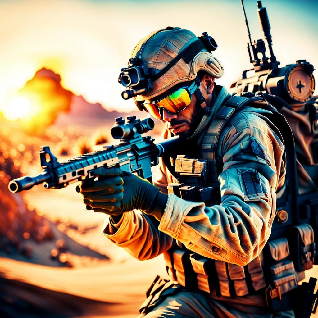 Soldier Aims Gun in Desert War Zone