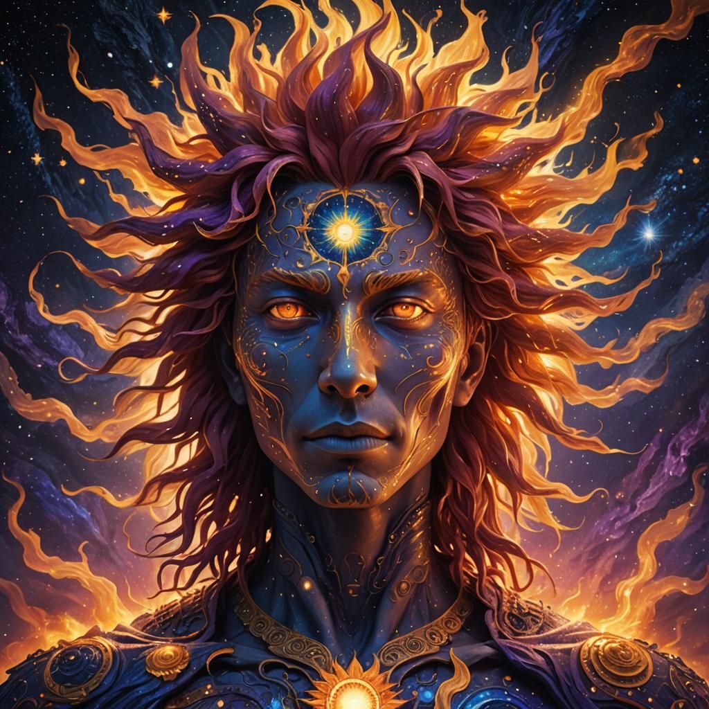 Humanoid Sun with Flaming Hair in Starry Sky