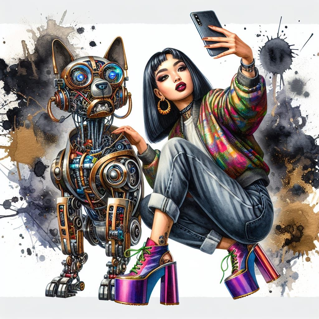 Android Woman's Selfie with Steampunk Pet in Watercolor