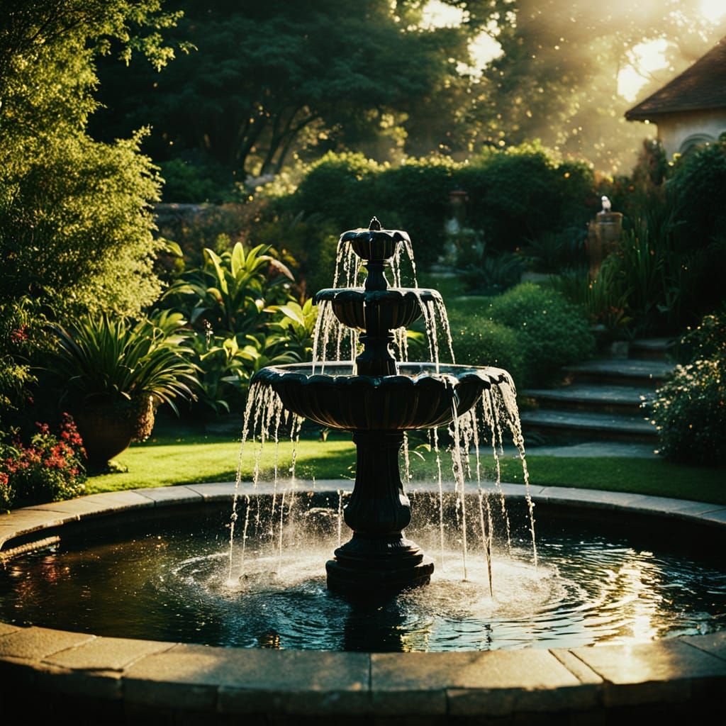A Golden Fountain Shines in a Film Noir Backyard Oasis