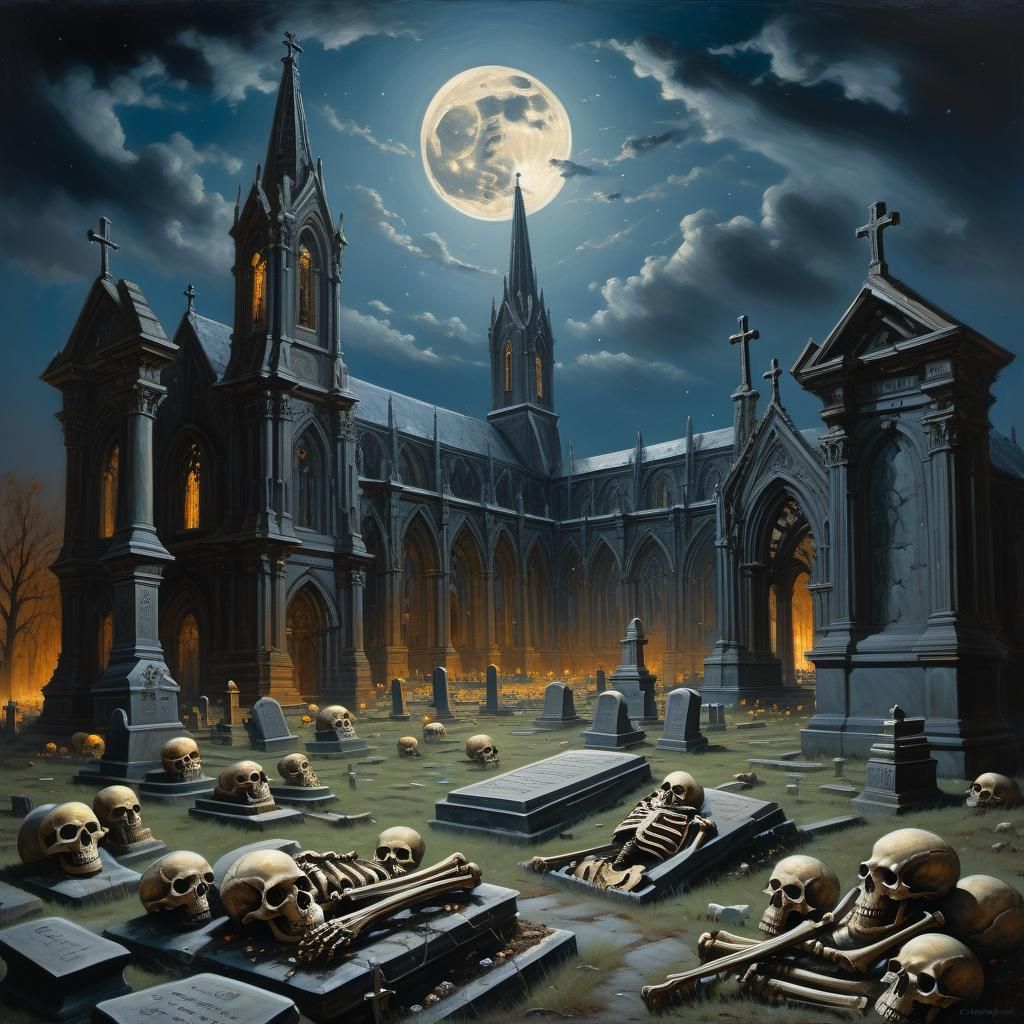 Eerie Bone Cathedral in Cemetery, Oil Painting