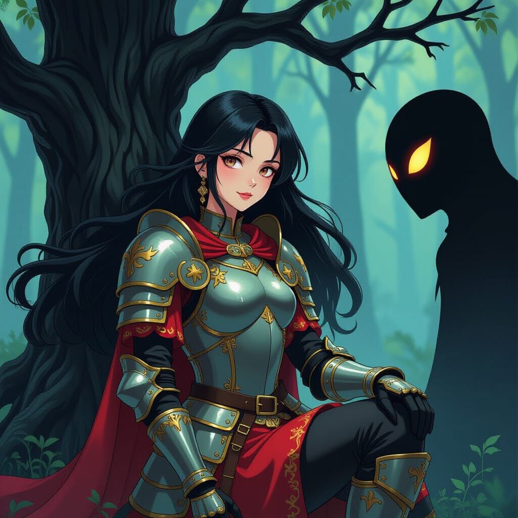 Medieval Warrior Girl Faces Dark Forest Shadow