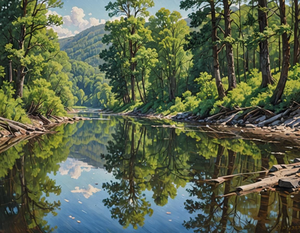 Reflective River Valley in Oil Paint Style