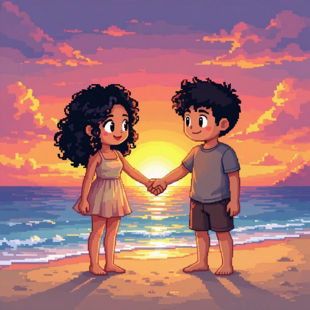 Pixel Art Couple Holding Hands on Beach at Sunset